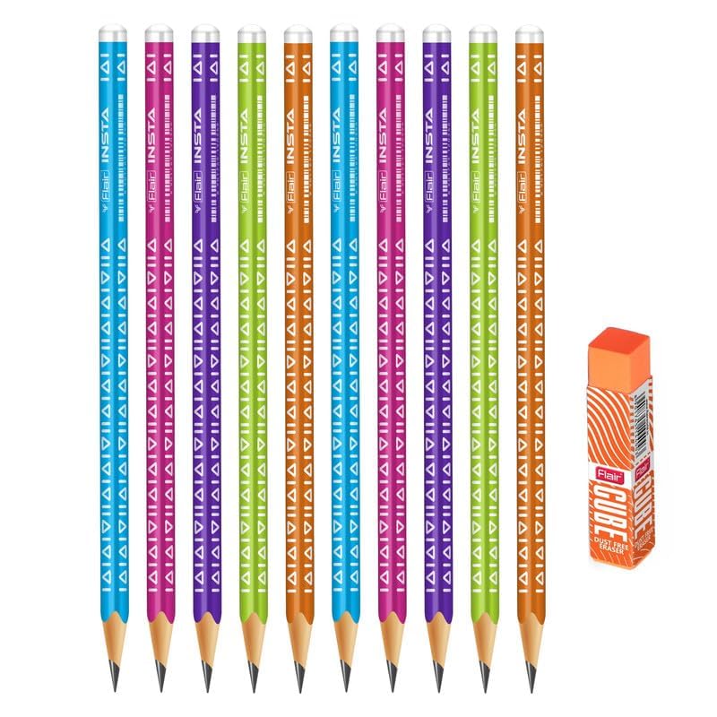 FLAIR Creative Series Aero Pencil Smart Kit | Colourful 2B Lead Pencils | Fun & Functional Box | Stationery Kit Ideal For Gifting | Set Of 10 Wooden Pencils, 1 Eraser & 1 In-Built Sharpener.