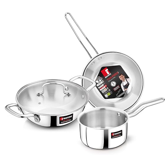 TriPro TriPly Stainless Steel 4 Pcs Cookware Set - Kadai 22cm (2L) with Glass Lid, Frypan 22cm (1.2L), Saucepan 14cm (1L), Consumes Less Oil, Healthy Cooking - Induction and Gas Stove Ready