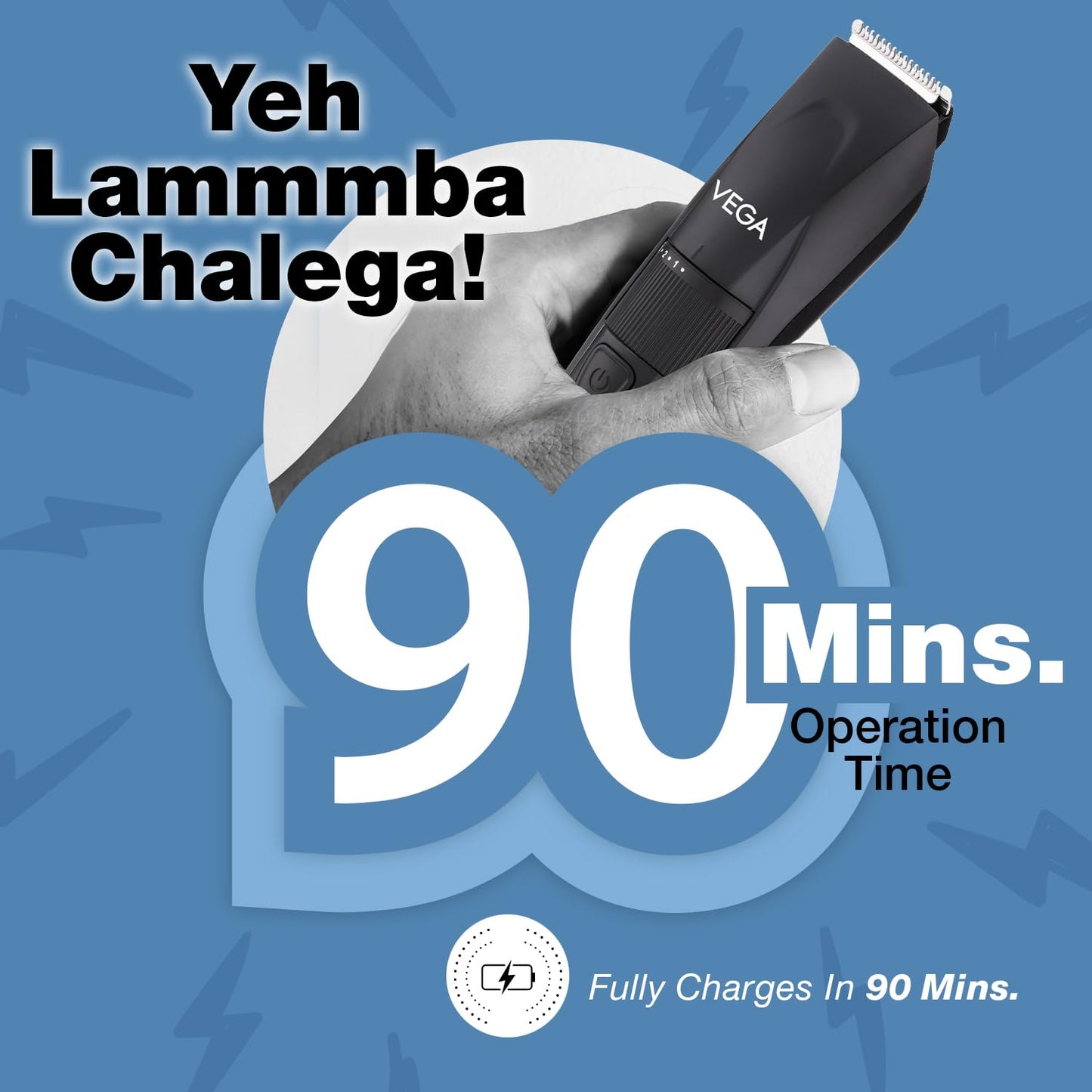 Vega Trimmer Men Beard with 90 Mins Runtime, Stainless Steel Blades & 40 Length Settings, 2 Comb Attachment, Trimmers for Man, USB Type C, Charging Indicator, Travel Lock, Black, (Power Lite, VHTH-38)