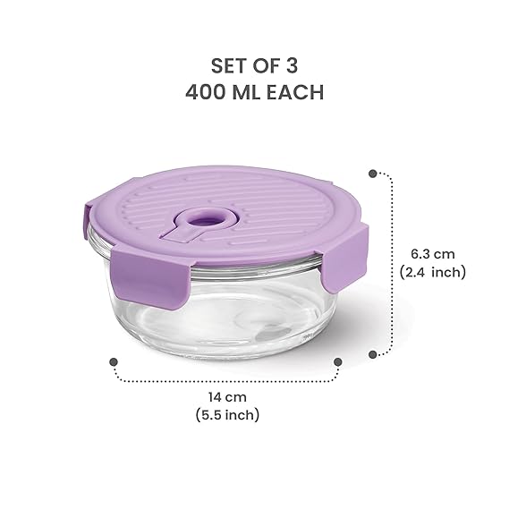 Treo by Milton Lumino Fresh Round Borosilicate Glass Lunch Box Set of 3, Purple Lid, 400 ml Each with Lunch Bag, Microwave & Dishwasher Safe, Leak Proof Containers Office Tiffin Visit the Treo Store