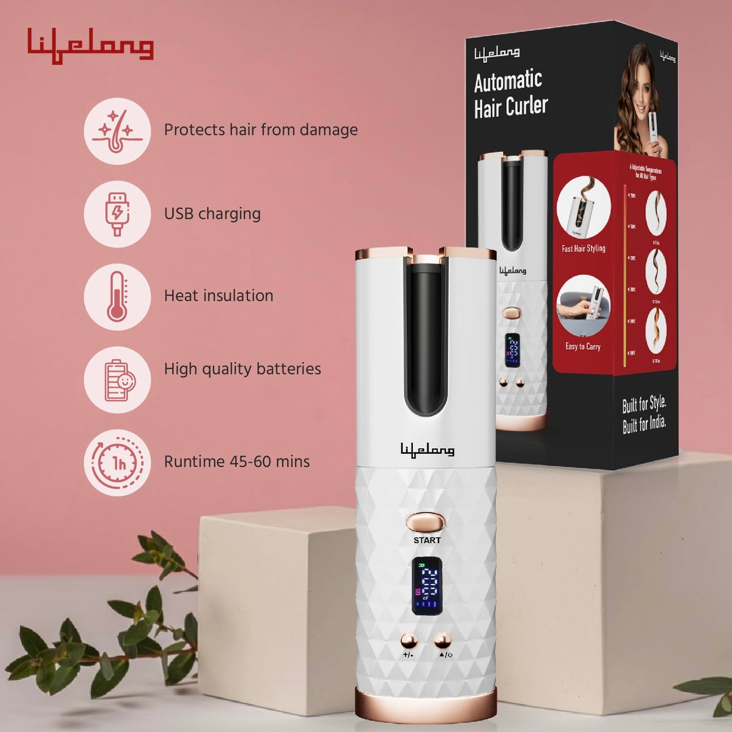 Lifelong Automatic Curling Tool for Women | Essential Styling Device for Waves & Curls | Cordless & Rechargeable | Electric Hair Curler Roller | Adjustable Heat | Anti-Rust Coating (SD)