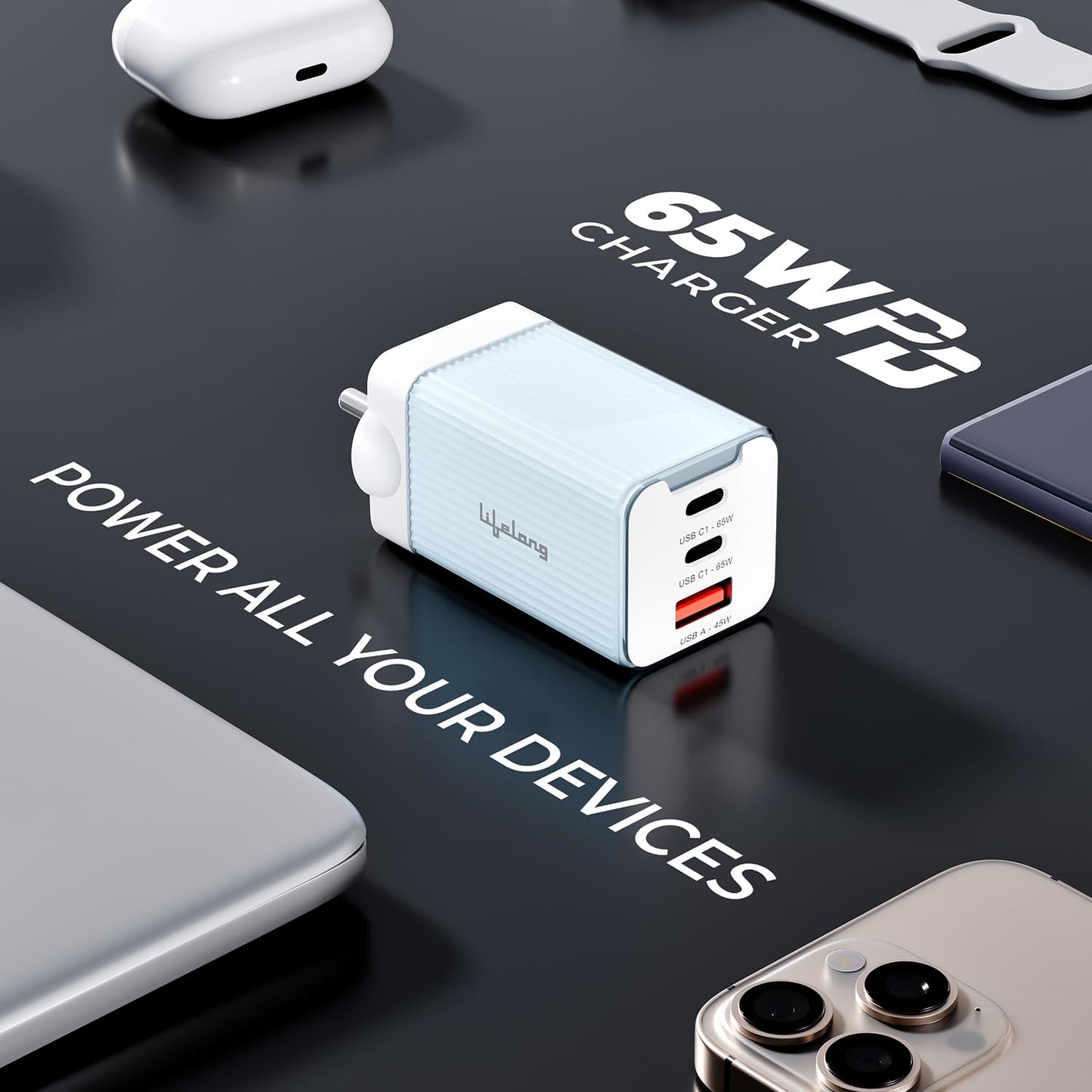 Lifelong Electronics 65W Super Fast GaN Charger PD Technology | 1 USB A + 2 Type C Ports | iPhone 17/16/15/14 (Including Pro Max), Android, Samsung | Laptops - MacBook, Dell, HP, Lenovo, Acer, ASUS (SD)