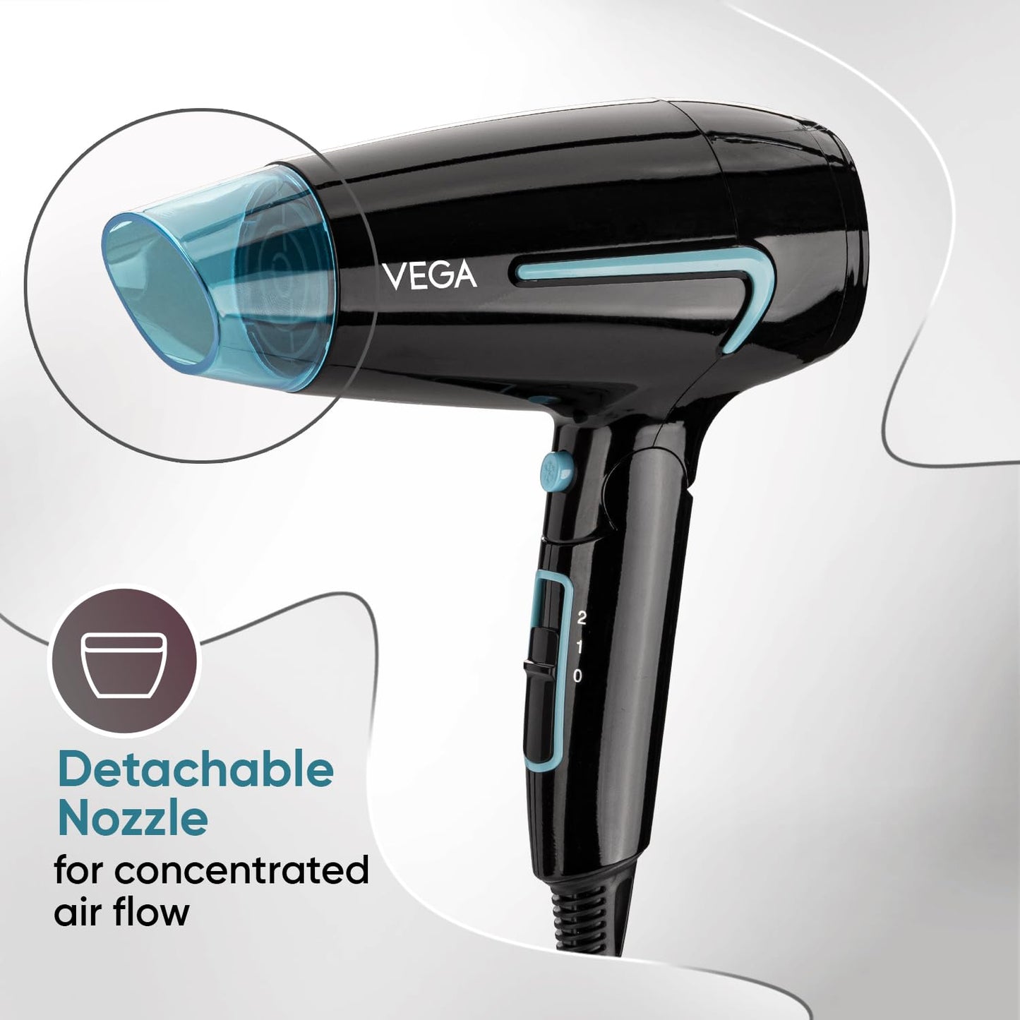 Vega U Style 1400-1600W Foldable Hair Dryer for Women & Men with Cool Shot Button, 2 Speed/Heat Settings, Detachable Nozzle, Blow Dryer, Travel Friendly, Fast Hair Drying, Compact Hair Dryer