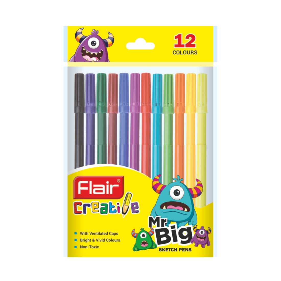 FLAIR Creative Series Mr. Big Colourful 12 Shades Sketch Pen Pouch Pack | Sleek Design With Ventilated Cap | Colourful Sketching, Doodling & Mandala Art | Pack Of 10