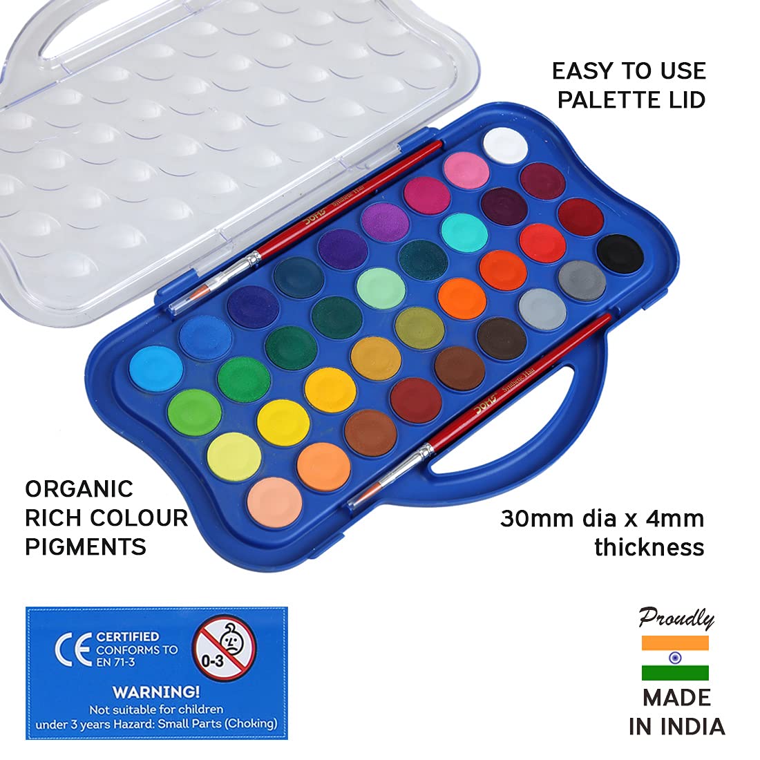 Doms 36 Shades 30mm Water Colour Cakes | Easy To Use Palette Lid | Organic Rich Colour Pigments | Free 2 x Brush Inside | Non-Toxic & Safe For Kids | Pack of 1