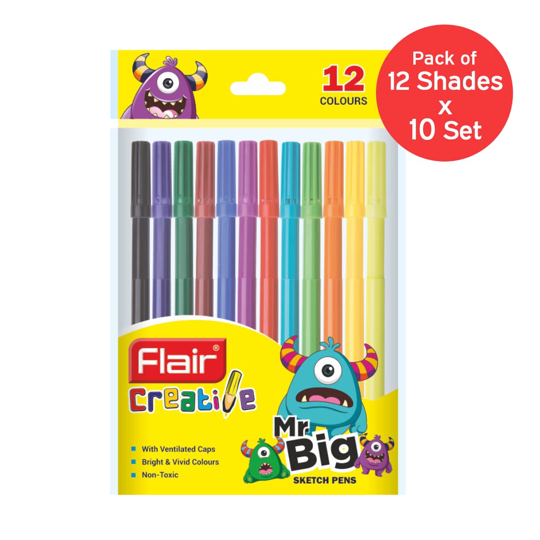 FLAIR Creative Series Mr. Big Colourful 12 Shades Sketch Pen Pouch Pack | Sleek Design With Ventilated Cap | Colourful Sketching, Doodling & Mandala Art | Pack Of 10