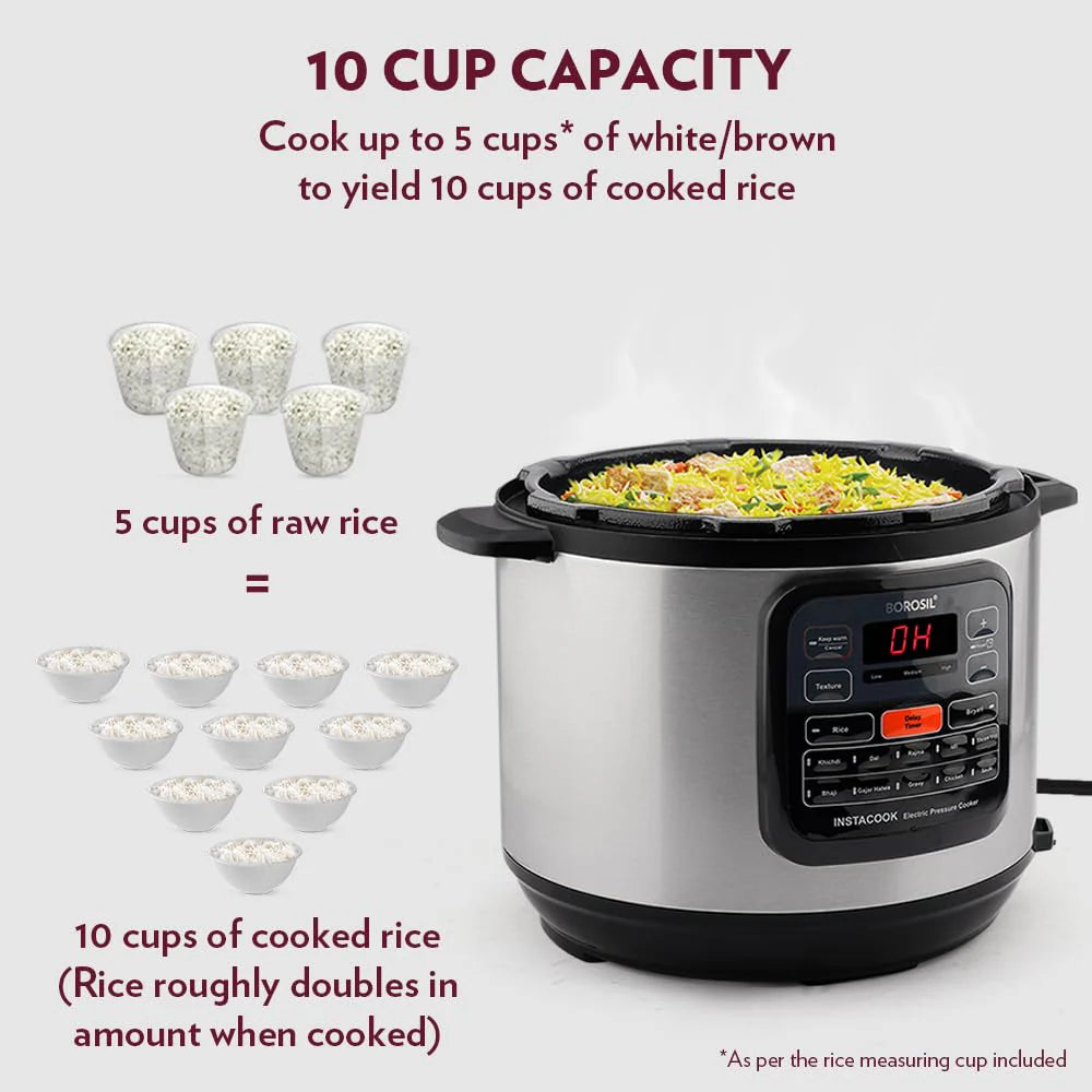 Borosil InstaCook 6L Electric Rice Cooker | Keep Warm Feature with Indicator Display, Anti Skid Rubber Feet | Cook & Boil Noodles, Rice, Upma, Idli | 2 Years Warranty