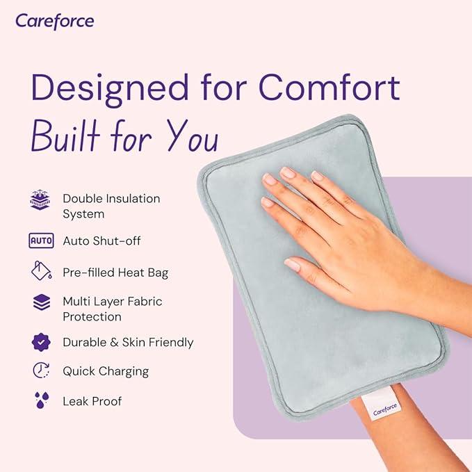 Careforce Premium Electric Hot Water Bag for Pain Relief Heating Pad for Periods Cramps, Muscle Aches Heat Pack for Shoulder, Back, Neck and Full Body Relief - Grey