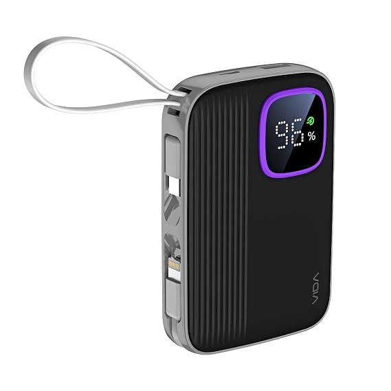 VIDA VoltBox 10-10000mAh Power Bank, 22.5 W Fast Charging, Digital LED Display, Integrated USB-C & Lightning Cables, Compact Portable Charger for Mobile Phones, Tablets, Cameras & Speakers (SD)