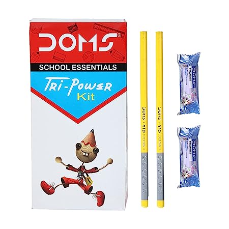 Doms School Essentials Tri Power Pencil Kit | For Dark & Neat Writing | Perfect Value Pack | Kit For School Essentials | Includes 2 Pencil & 2 Eraser