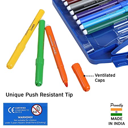 DOMS Sketch Max Non-Toxic Jumbo Sketch Pen Set with Plastic Carry Case 12 Assorted Shades