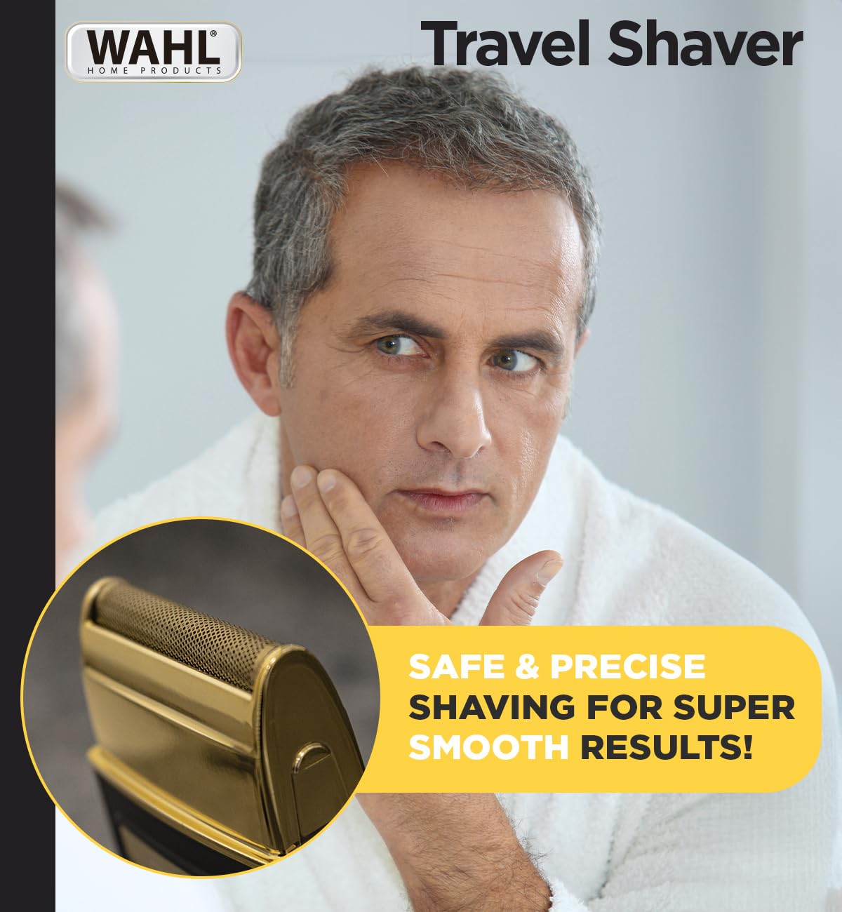 Wahl Travel Shaver USB, 0.4 mm cutting length, 45 minutes run time, Perfect travel companion with USB charging facility, Extra Cutting blade and foil to move along the contours, Black & Gold - 3025441IN