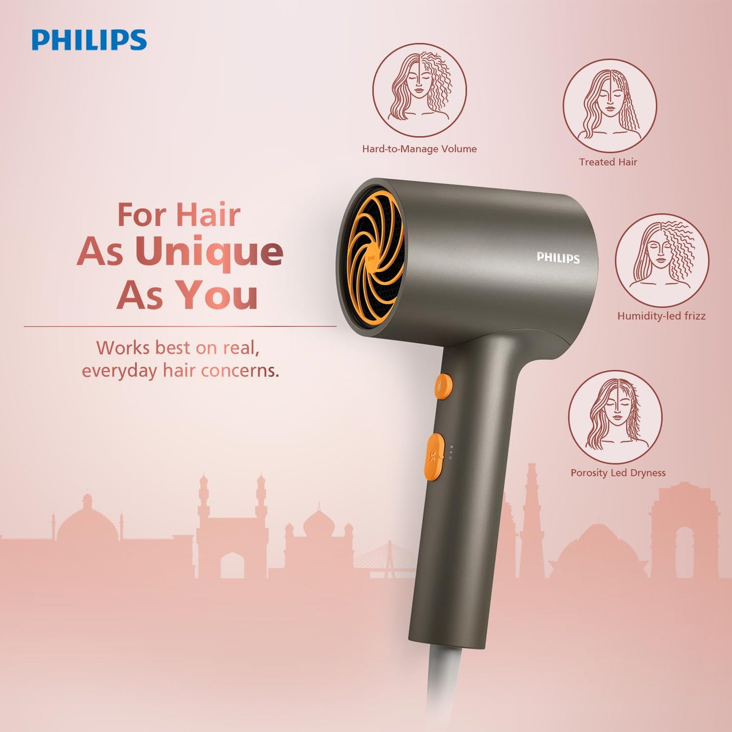Philips India's No.1 Hair Styling Brand - Glass like Shine Hair Dryer | 1600W | 4 Heat x Speed Modes | 30M Negative ions | Travel-Friendly | For Indian Hair | BHD321