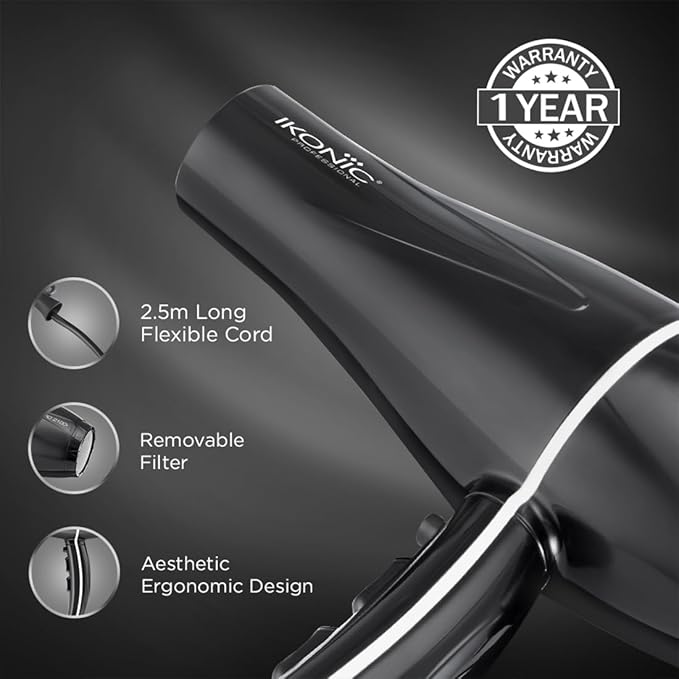 IKONIC Pro 2100+ Hair Dryer 2000 Watts, Black, 3 Heat And 2 Speed Settings, Cool Shot, Low Noise Function Interchangeable Nozzles, Professional Styling, For Women And Men, All Hair Type