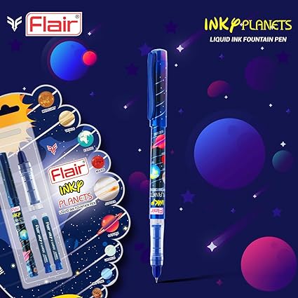 FLAIR Inky Series Planets Liquid Ink Fountain Pen Blister Pack | 2 Pieces X-Large Jumbo Cartridges With Each Pack | Cute & Stylish Pen For Kids Girls Students Teens Gifts | Blue Ink