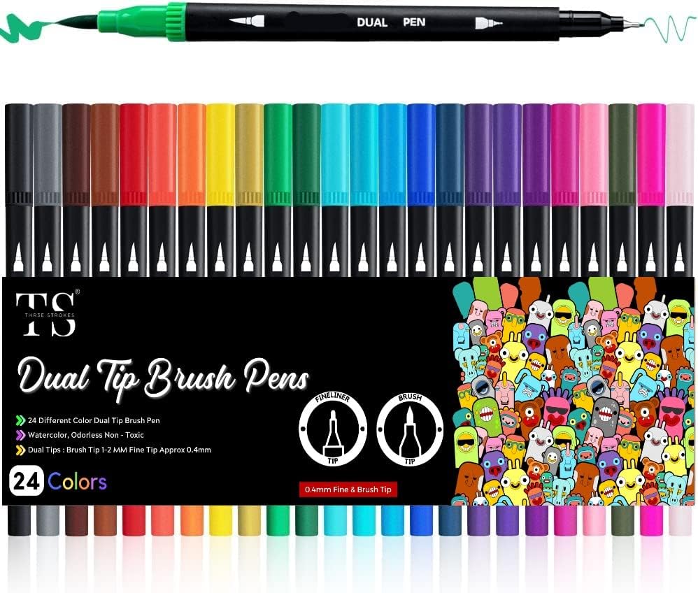 ART & CRAFT 24 Colors Dual Tip Colored Brush Pens Art Marker Set Fine Point Calligraphy Markers for Artists Pen Set Journal Pens for Adult Coloring Books Alchol Markers Set (Set of 24)