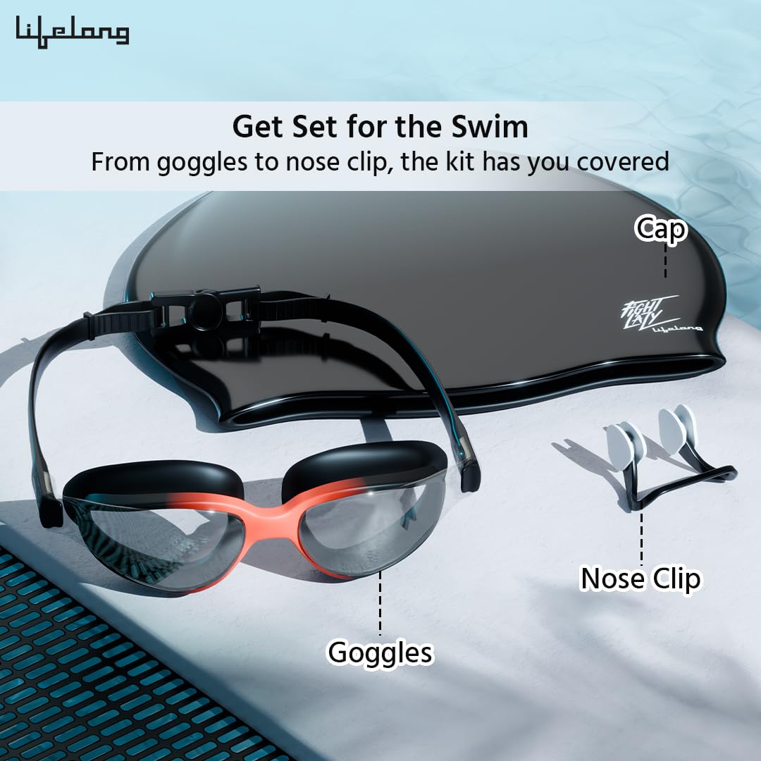 Lifelong Silicone Swimming Combo Kit | Waterproof Swim Cap with Earplugs & Nose Clip | Anti-Fog Swim Goggles | Comfortable Fit Swimming Accessories (ASL)