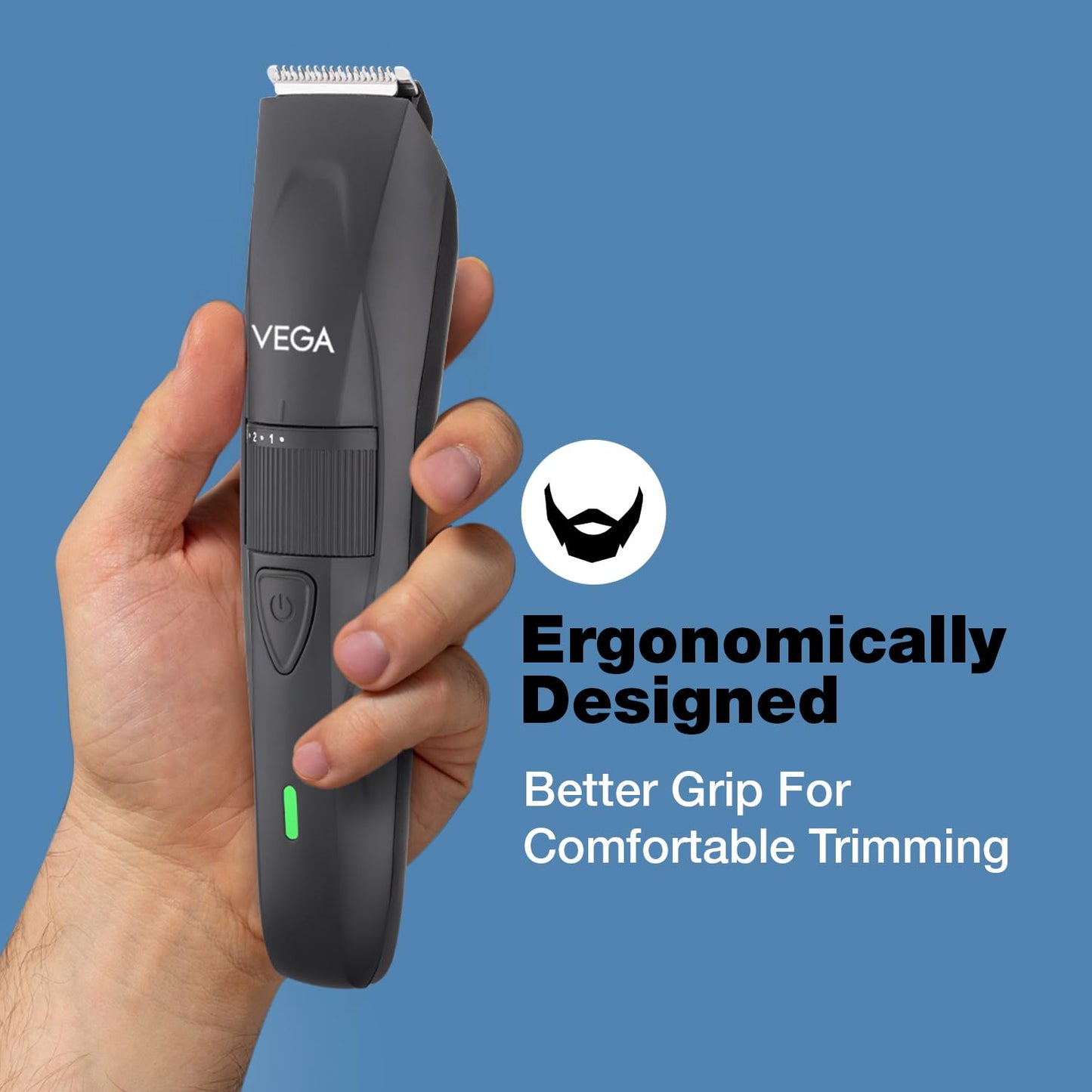 Vega Trimmer Men Beard with 90 Mins Runtime, Stainless Steel Blades & 40 Length Settings, 2 Comb Attachment, Trimmers for Man, USB Type C, Charging Indicator, Travel Lock, Black, (Power Lite, VHTH-38)