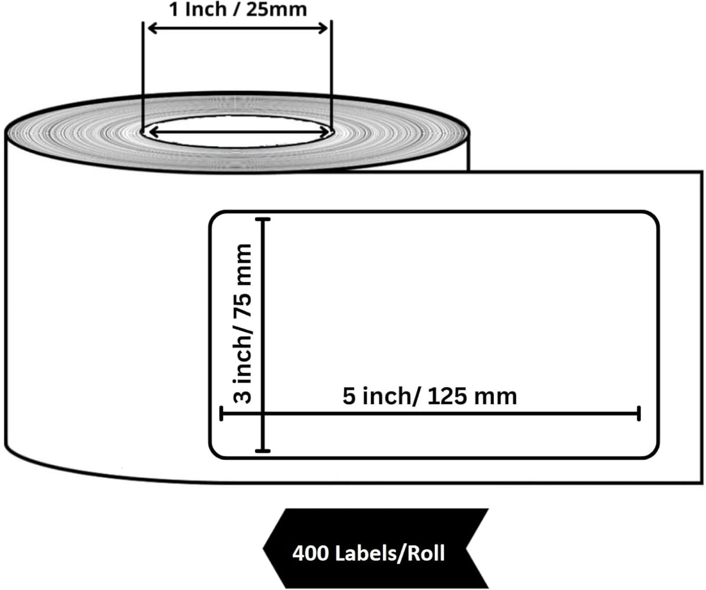 KIYA 75x125 Barcode Label Sticker  - 75mm x 125mm - 1 Ups - 400 Labels Per Roll - White Self Adhesive Sticker for Printing Barcoding (1 Roll Per Pack (400 Labels))