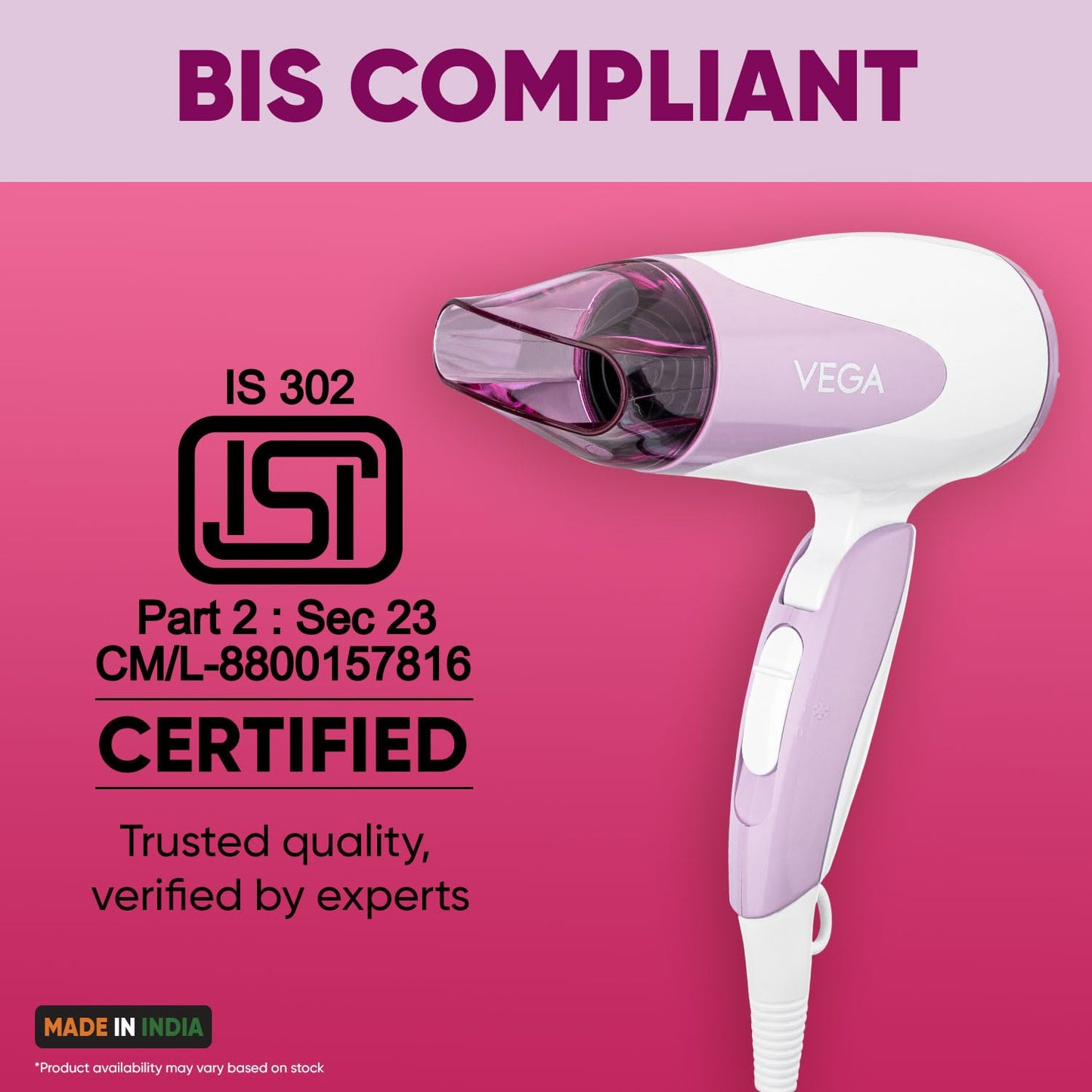 VEGA Blooming Air Foldable 1000-1200 Watts Hair Dryer for Women with Flexible Heat Setting & Detachable Nozzle,Automatic Overheat Cutout,Compact Quick Dry Blow Dryer