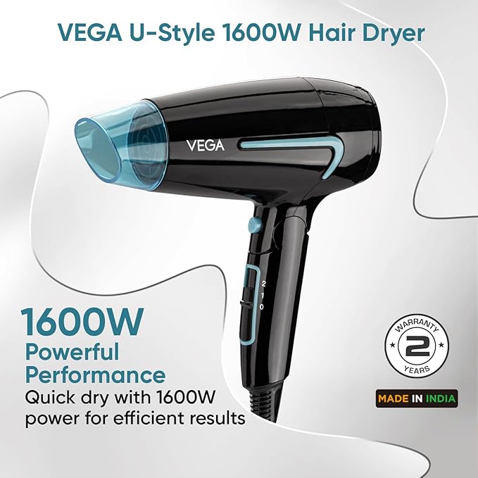 Vega U Style 1400-1600W Foldable Hair Dryer for Women & Men with Cool Shot Button, 2 Speed/Heat Settings, Detachable Nozzle, Blow Dryer, Travel Friendly, Fast Hair Drying, Compact Hair Dryer