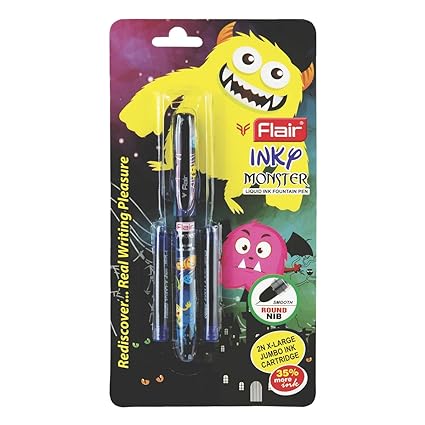 FLAIR Inky Series Monster Liquid Ink Fountain Pen Blister Pack | 2 Pieces X-Large Jumbo Cartridges With Each Pack | Cute & Stylish Pen For Kids Girls Students Teens Gifts | Blue Ink