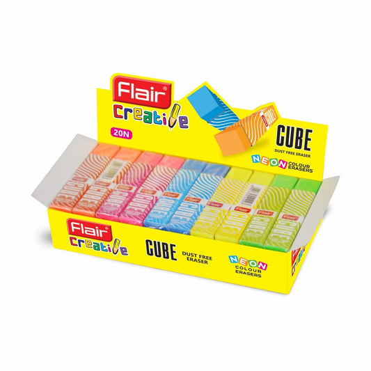 Flair Creative Series Cube Eraser Box Pack | Neat & Dust Free Erasing | Neon Color Erasers | Stationery Gift Item For Kids & Students | Safe For Children | 5 Different Body Colors | Pack of 20 Erasers