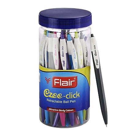 FLAIR Ezee Click 0.7 to 1 mm Ball Pen Jar Pack | Retractable Mechanism With Comfortable Grip For Smooth Writing | Different Playful Body Colors | Blue Ink, Pack of 60 Pens