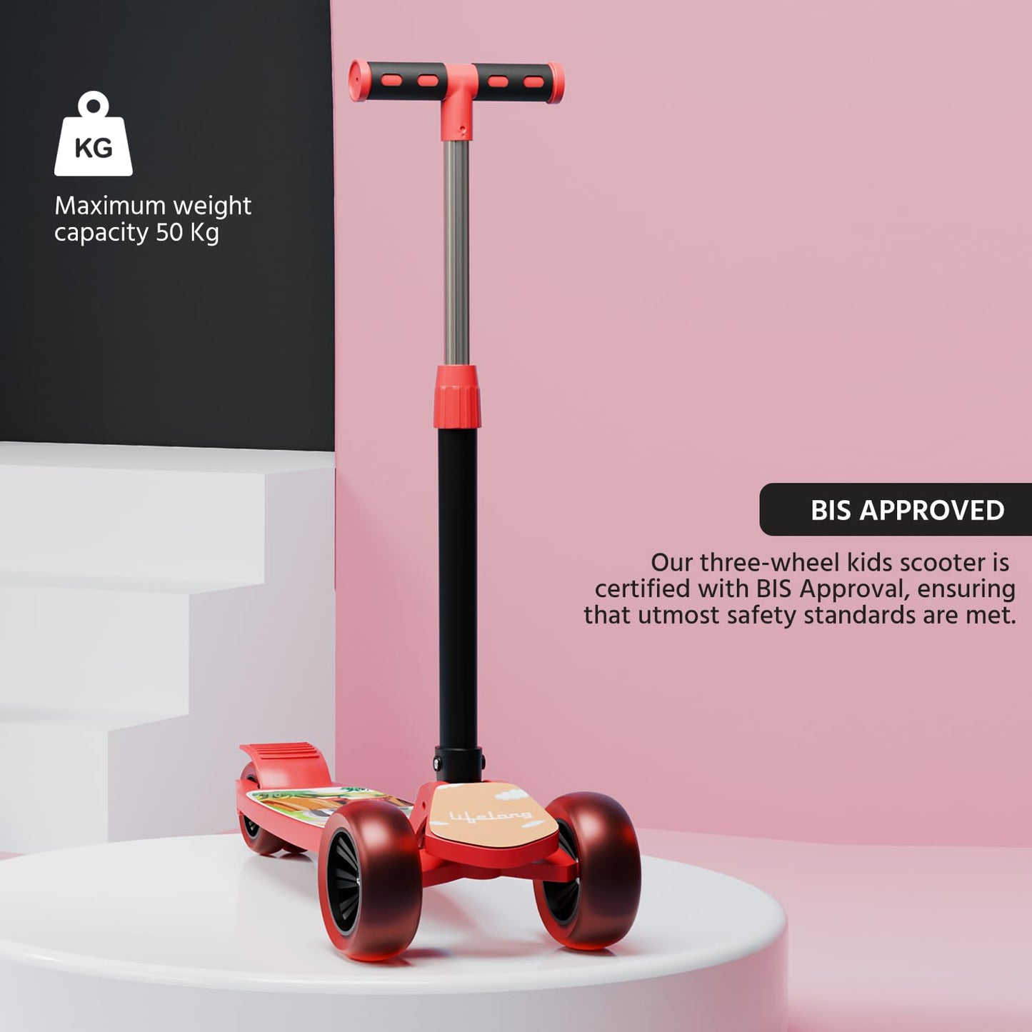 Lifelong Kick Scooter with Adjustable Height - Foldable - Skate for Kids with PVC Wheel - Max User weight-50 kg, Red & Black, 6 Months Manufacturer's Warranty (ASL)
