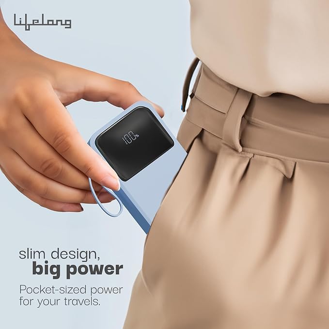 Lifelong Electronics 20000mAh 22.5W Fast Charging Power Bank | 3 Inputs (1 Built-in USB A Cable + 1 C + 1 Lightning Port) & 6 Outputs (3 Built-in Cables + 1 C + 2 A Port) | Small Pocket Size Powerbank (SD)