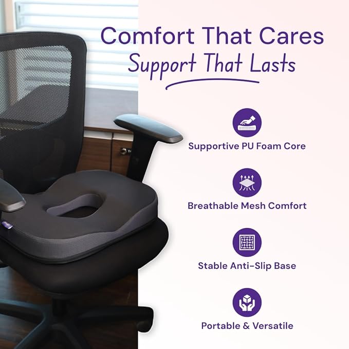 Careforce Donut Pillow for Tailbone Pain Relief Orthopedic Coccyx Cushion for Sitting, Hemorrhoids & Piles Relief, Sciatica Support Donut Seat Cushion for Office Chair, Car Seat & Wheelchair-Blackgrey