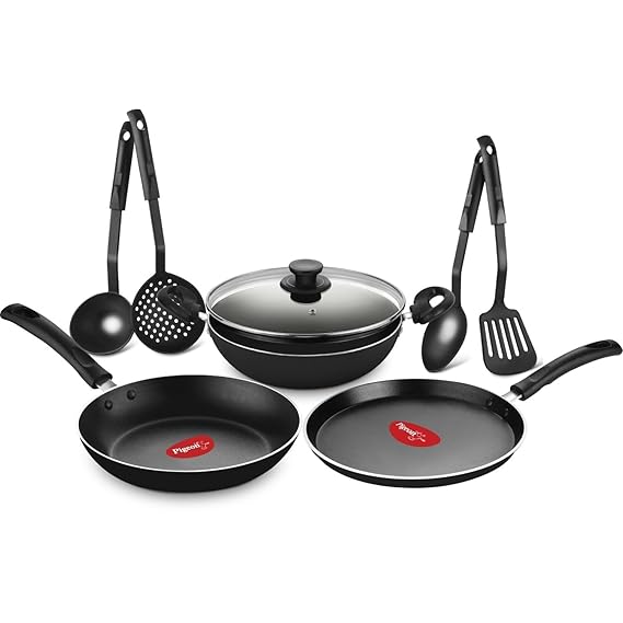 Pigeon Mio Nonstick Aluminum Cookware Gift Set, Includes Flat Tawa, Fry Pan, Kadai with Glass Lid, Kitchen Tool Set, Black, 8 Pieces (RD)