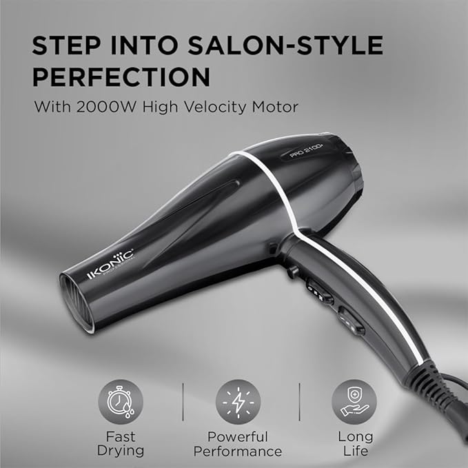 IKONIC Pro 2100+ Hair Dryer 2000 Watts, Black, 3 Heat And 2 Speed Settings, Cool Shot, Low Noise Function Interchangeable Nozzles, Professional Styling, For Women And Men, All Hair Type