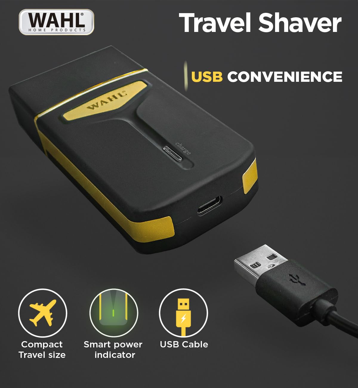 Wahl Travel Shaver USB, 0.4 mm cutting length, 45 minutes run time, Perfect travel companion with USB charging facility, Extra Cutting blade and foil to move along the contours, Black & Gold - 3025441IN