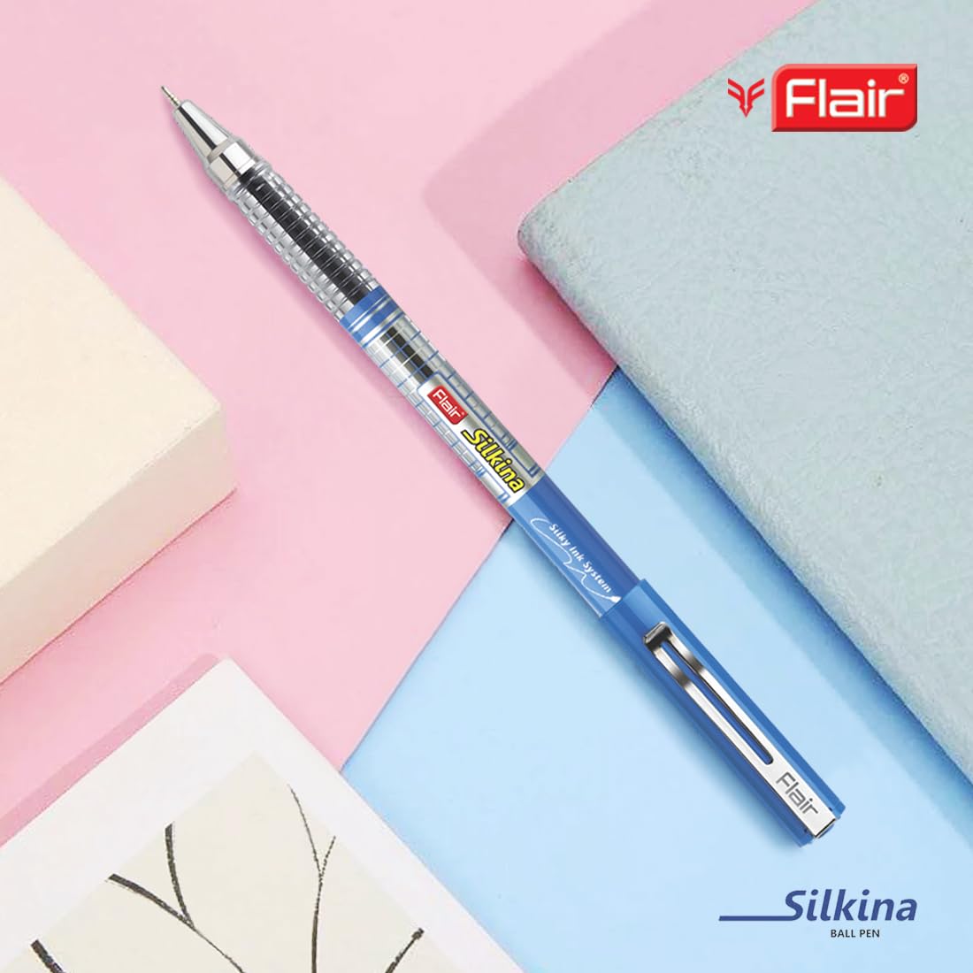 FLAIR Silkina Fine Tip Ball Pen Pack | Tip Size 0.7 mm | Comfortable Grip for Smooth Writing | School and Office Stationery | Blue Ink, Pack of 10