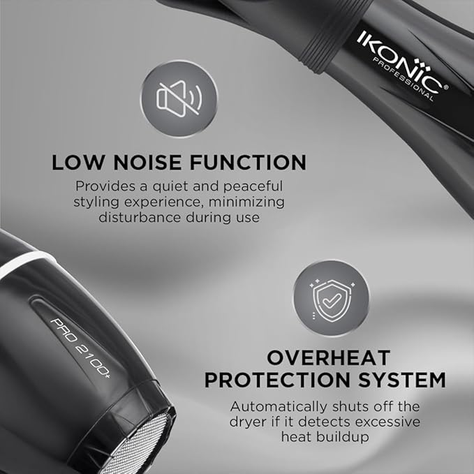 IKONIC Pro 2100+ Hair Dryer 2000 Watts, Black, 3 Heat And 2 Speed Settings, Cool Shot, Low Noise Function Interchangeable Nozzles, Professional Styling, For Women And Men, All Hair Type