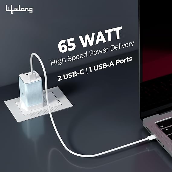 Lifelong Electronics 65W Super Fast GaN Charger PD Technology | 1 USB A + 2 Type C Ports | iPhone 17/16/15/14 (Including Pro Max), Android, Samsung | Laptops - MacBook, Dell, HP, Lenovo, Acer, ASUS (SD)