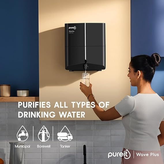 Pureit Wave Plus RO Purifier + Mineral + UV (Black) | Water Purifier for Home | Up to 45% Water Savings | Suitable for Borewell/Tanker/Municipal Supply | Wall Mountable | 7L Storage  (ASL)