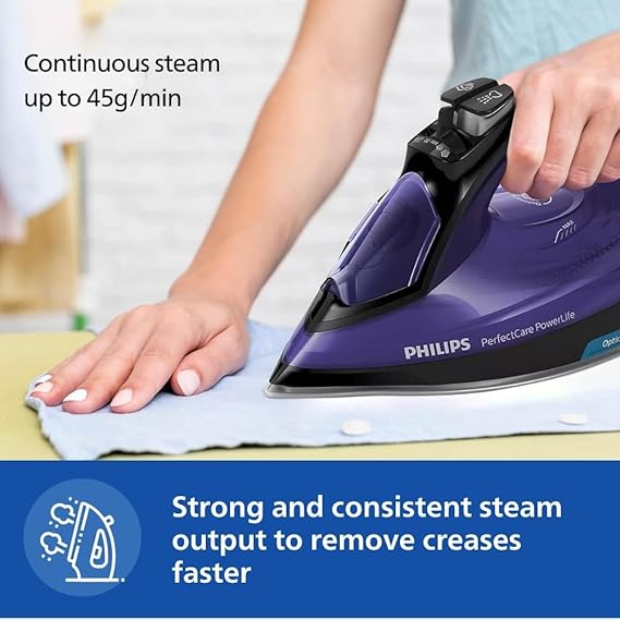 Philips PerfectCare PowerLife Steam Iron GV3925/34, 2400W | No Burns Guaranteed | OptimalTEMP Technology | Continuous Steam for All Fabrics
