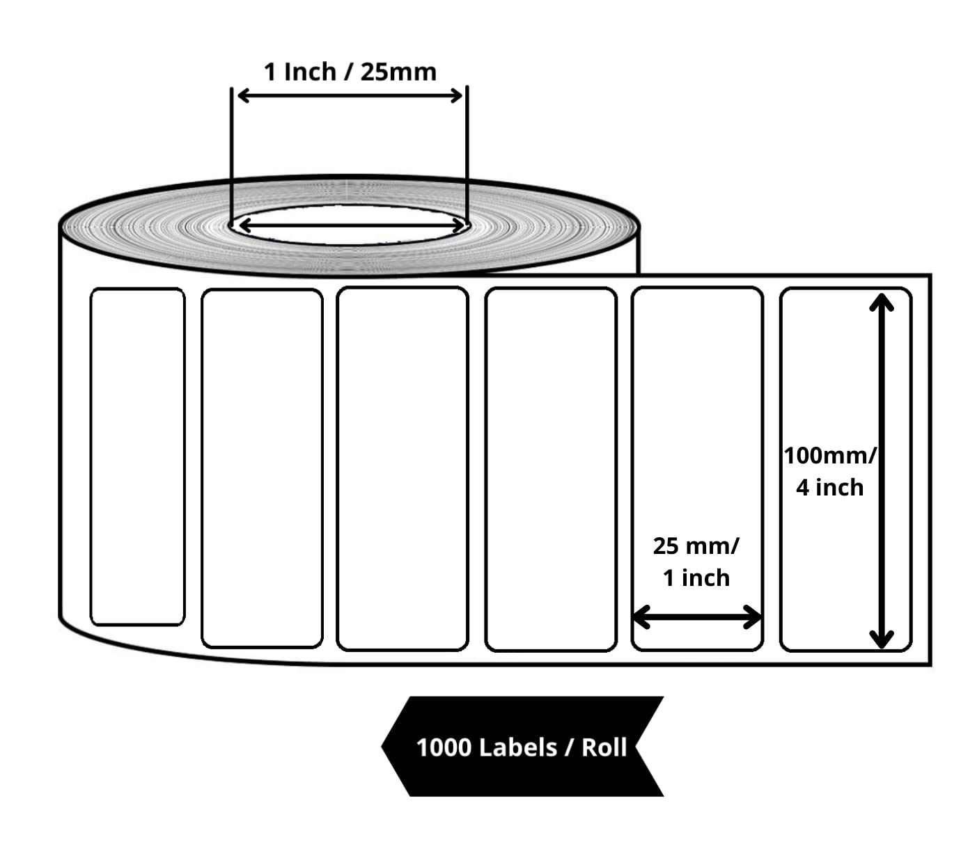 KIYA 100X25 Barcode Label Sticker  - 100mm x 25mm - 1 Ups - 1000 Labels Per Roll