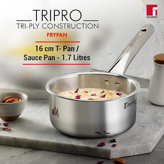 Bergner Tripro Triply Stainless Steel 4 Pc Cookware Set, 24 cm Indian Wok/Kadai with Lid, 22 cm Frypan, 16 cm Tea Pan, Even and Fast Heating, Induction Bottom, Gas Ready, Silver (RD)
