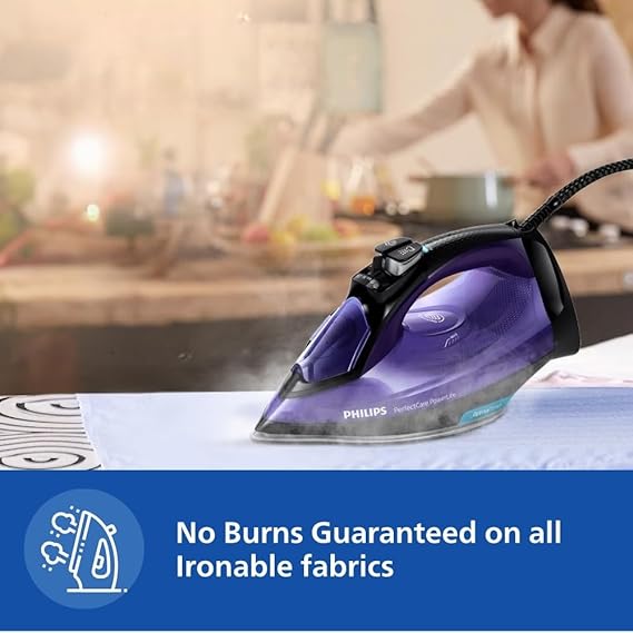Philips PerfectCare PowerLife Steam Iron GV3925/34, 2400W | No Burns Guaranteed | OptimalTEMP Technology | Continuous Steam for All Fabrics