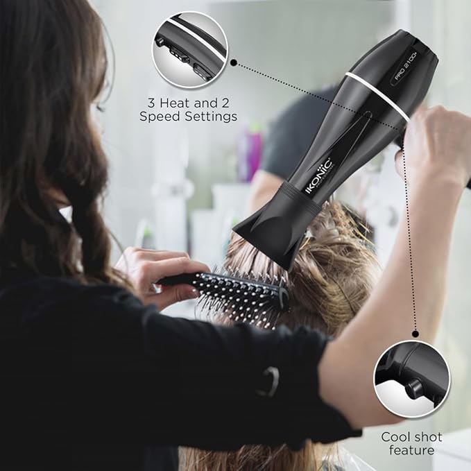 IKONIC Pro 2100+ Hair Dryer 2000 Watts, Black, 3 Heat And 2 Speed Settings, Cool Shot, Low Noise Function Interchangeable Nozzles, Professional Styling, For Women And Men, All Hair Type