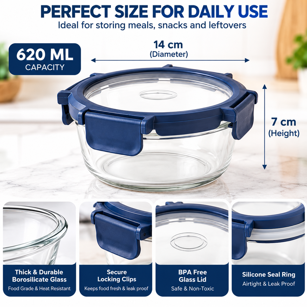 AAR Fresha Round 620 ML Glass Food Storage Container with Glass Lid, Airtight Leak-Proof Locking Clips, BPA-Free, Microwave & Freezer Safe