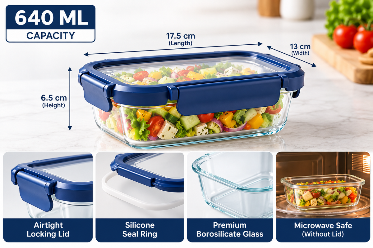 AAR Fresha Rectangle 640 ML Glass Food Storage Container with Airtight Locking Lid | Borosilicate Glass Container for Kitchen Storage