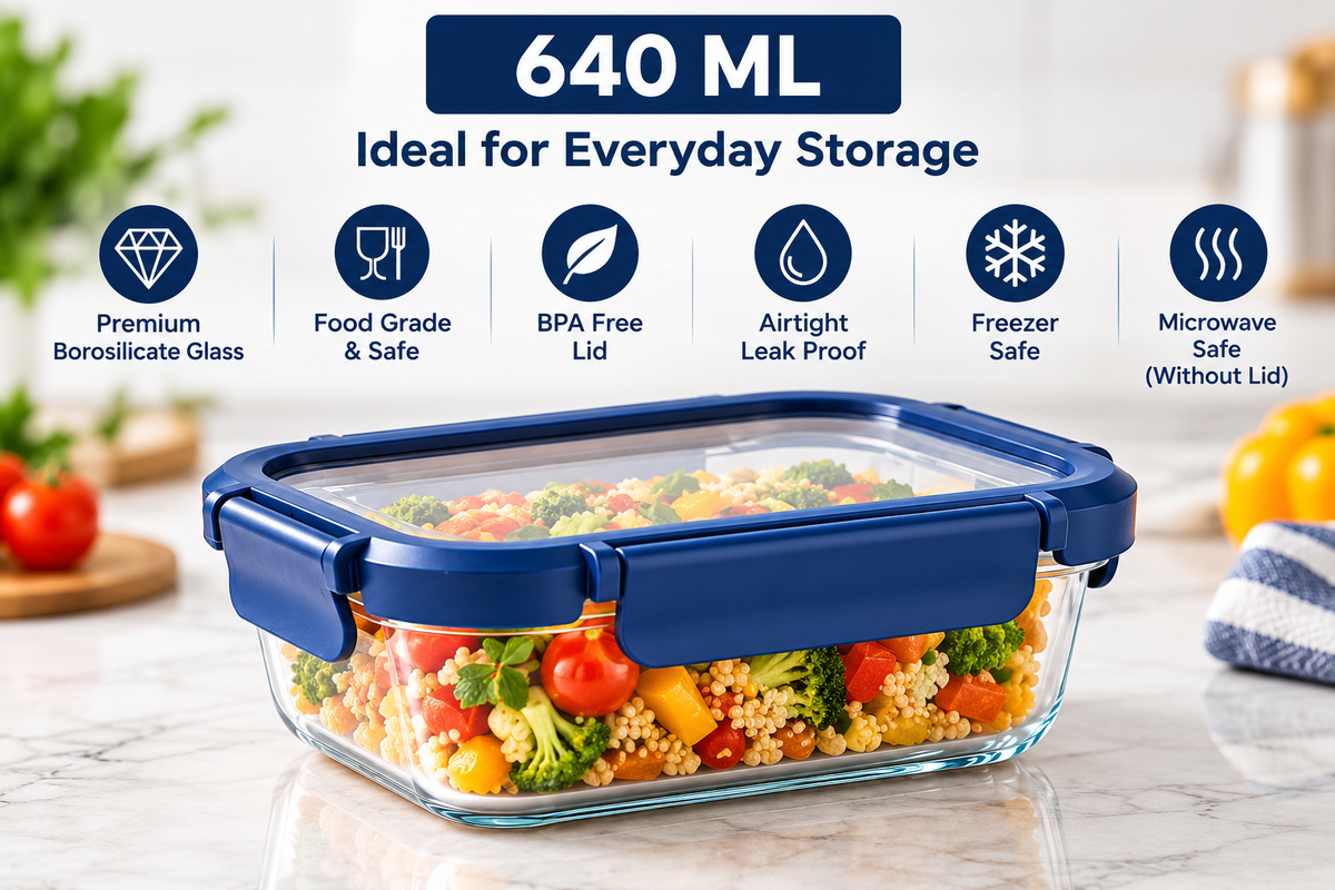AAR Fresha Rectangle 640 ML Glass Food Storage Container with Airtight Locking Lid | Borosilicate Glass Container for Kitchen Storage