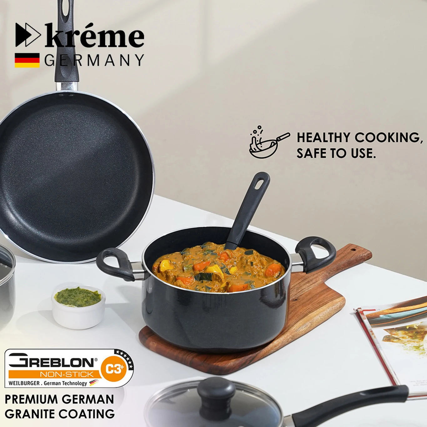Kreme 5-Piece Non-Stick Cookware Set with Fry Pan, Kadai & Saucepan | Durable Non-Stick Coating | Gas Stove Compatible | Ergonomic Handle(SD)
