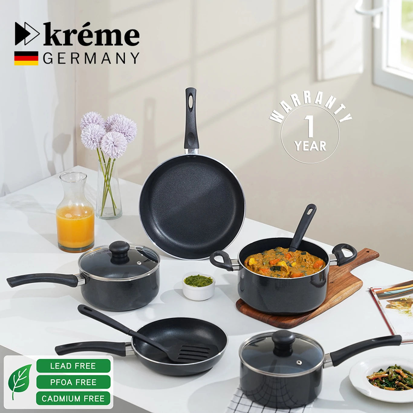 Kreme 5-Piece Non-Stick Cookware Set with Fry Pan, Kadai & Saucepan | Durable Non-Stick Coating | Gas Stove Compatible | Ergonomic Handle(SD)