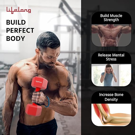 Lifelong PVC Hex Dumbbells Pack of 2 (5kg*2) Red Color for Home Gym Equipment Fitness Barbell|Gym Exercise|Home Workout| For Men & Women   (ASL)