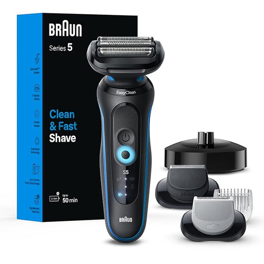 Braun Series 5 Electric Shaver, Senso Flex Technology, Auto Sense for Sensitive Skin, Wet or Dry Use, 100% Waterproof, Li-Ion Battery, 50 Min Runtime, 5 Min Quick Charge, German Engineering, Shaver 52